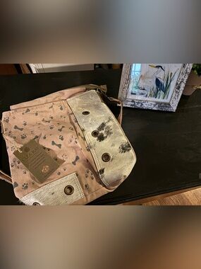 Animal print Canvas Shoulder Bag with Haircalf Accent